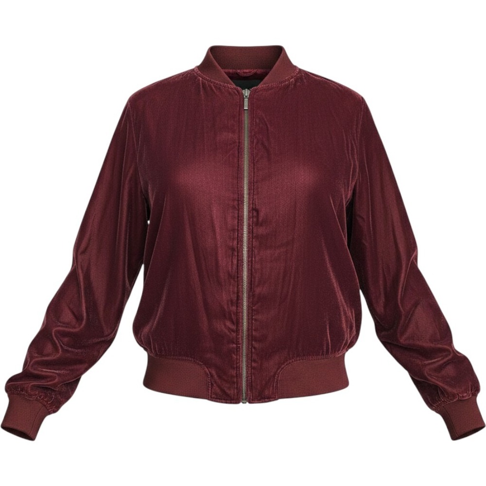 ANA A New Approach Womens Large Burgundy Velvet Bomber Jacket Full Zip Ribbed